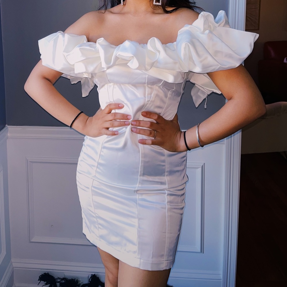 White off satin shoulder dress